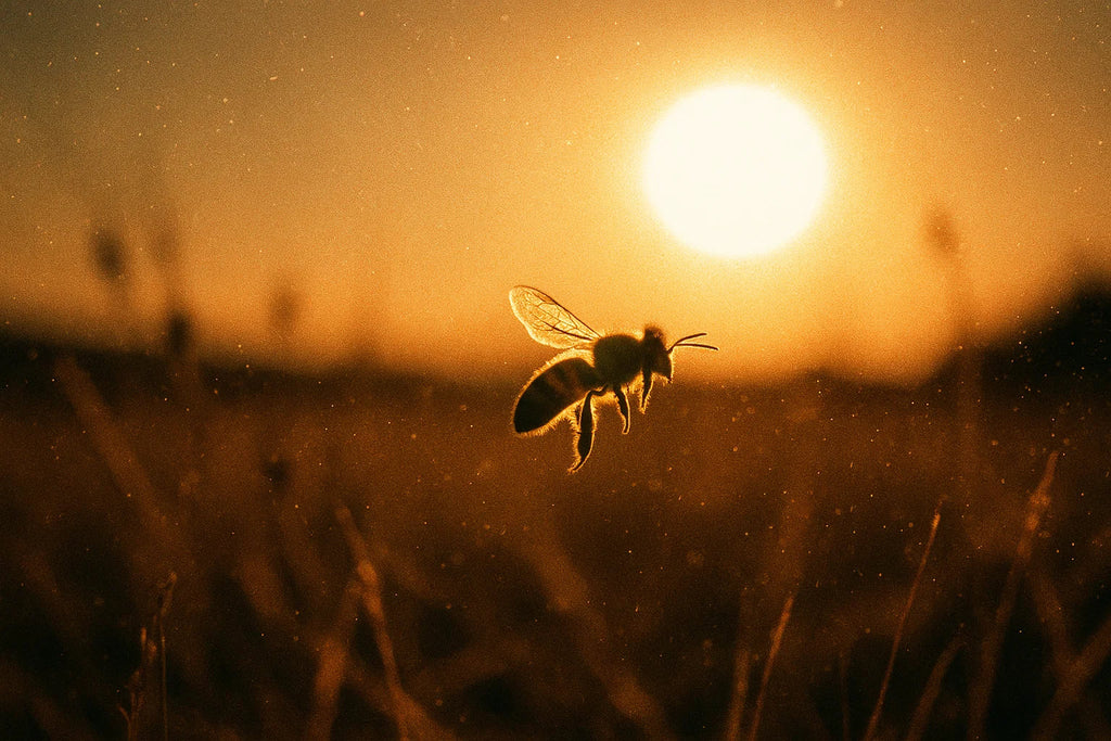 Eine einzelne Biene fliegt durch die Sommerhitze