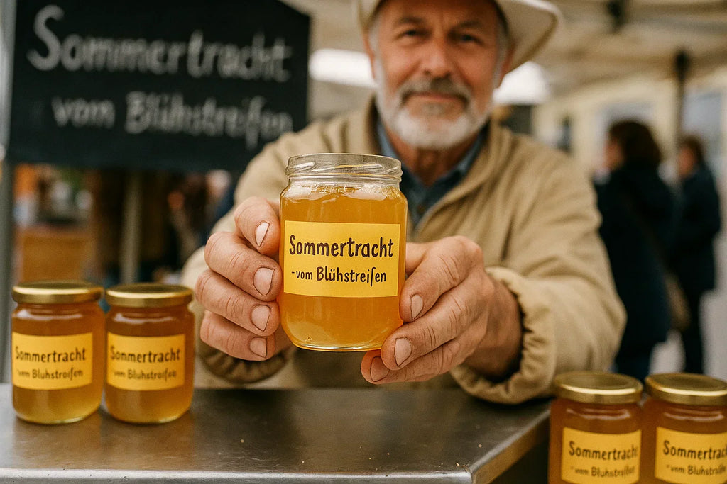 Imker am Marktstand mit Honig