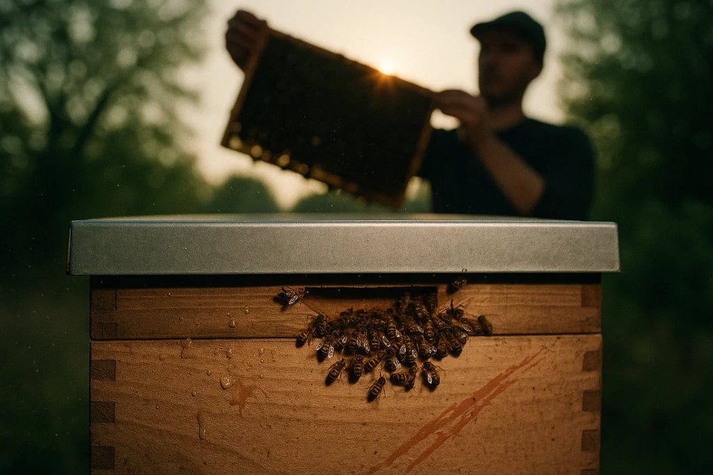 Imker mit Wabe in der Hand vor Bienenbeute