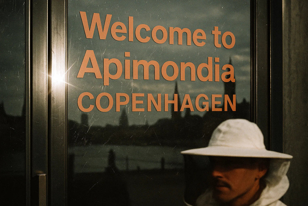 Imker vor Tür mit Apimondia Schriftzug in Kopenhagen