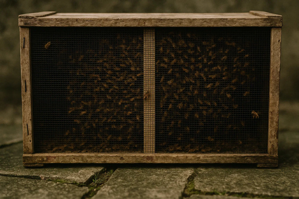 Selbstgebaute Kunstschwarmkiste mit Bienen