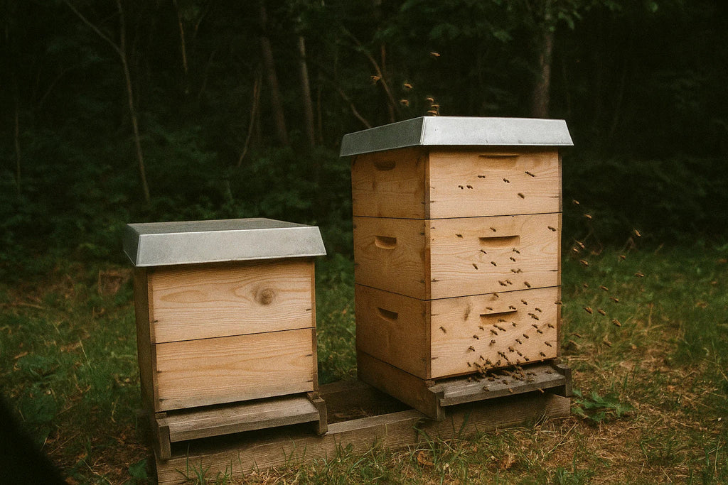 Schwacher Ableger und starkes Bienenvolk am Waldrand