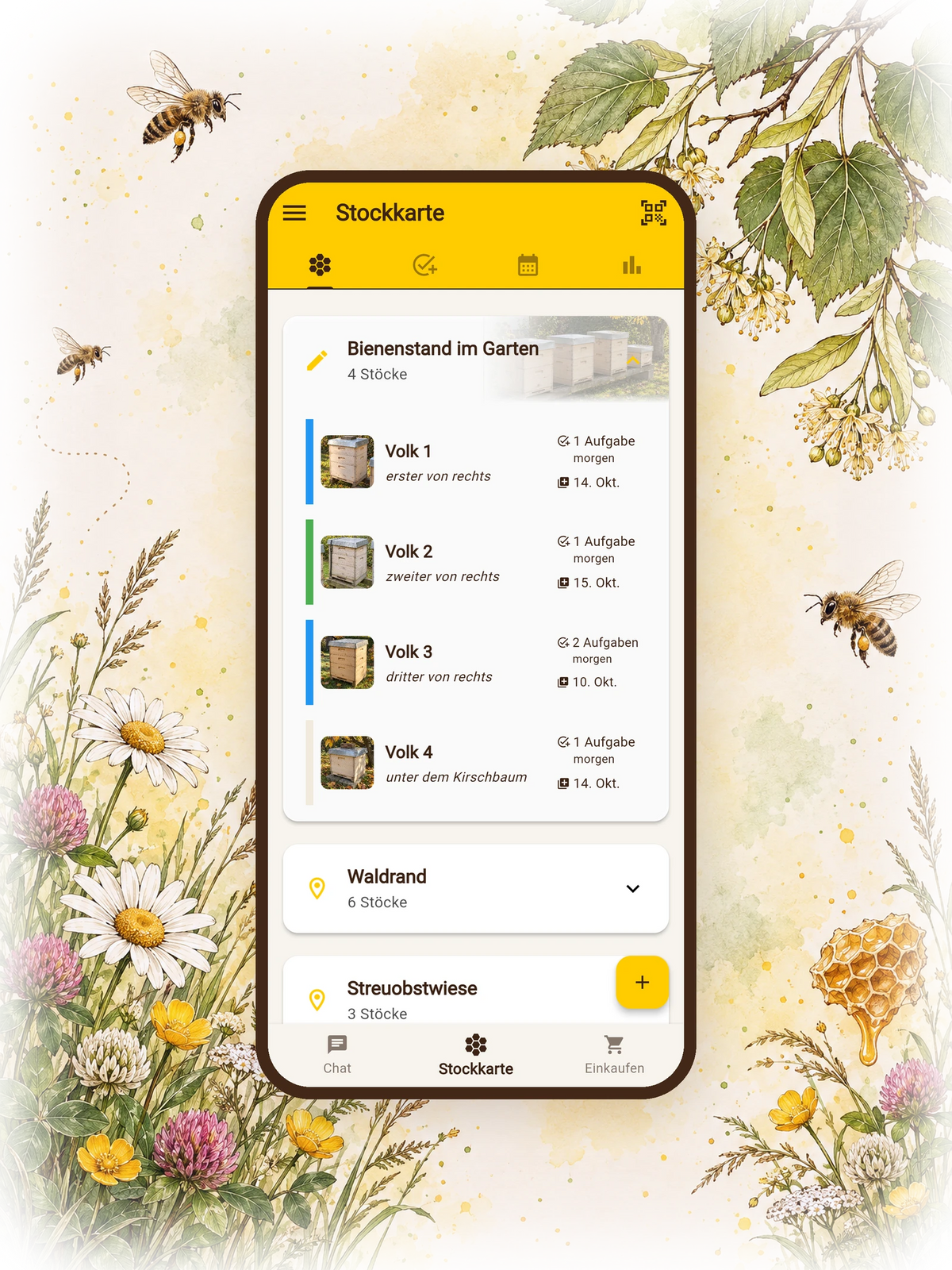 Imker-App auf dem Handy: Stockkarte mit Fotos von Bienenstand und Völkern