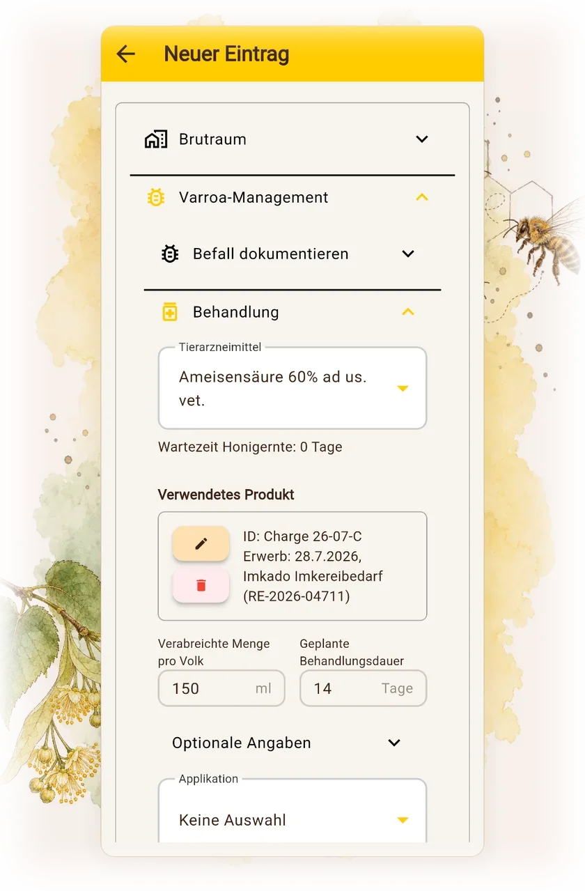 Imker-App: Behandlung mit Tierarzneimittel fürs Bestandsbuch erfassen