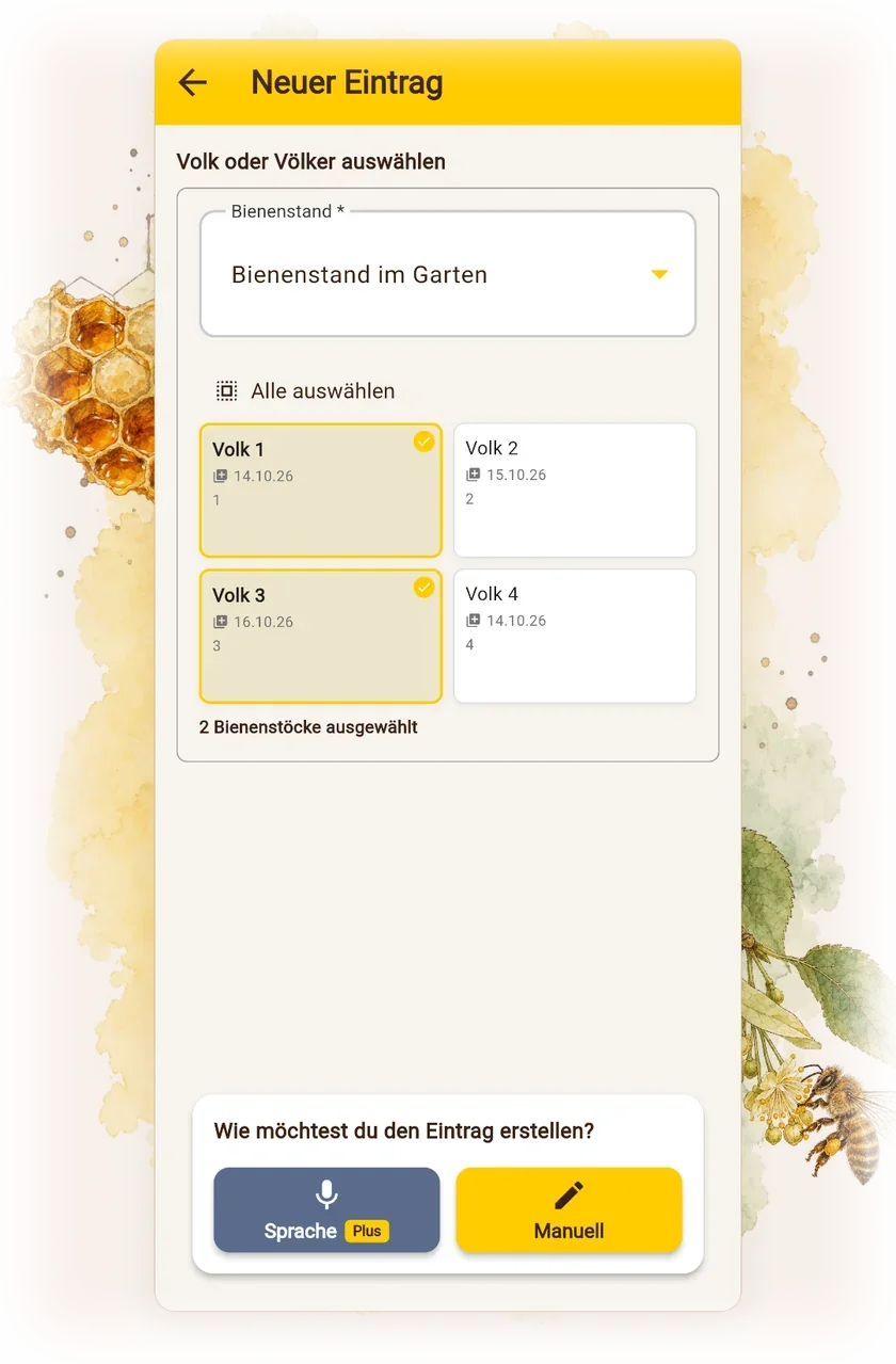 Imker-App: Neuer Eintrag für mehrere Völker, umgeben von Aquarell-Bienen