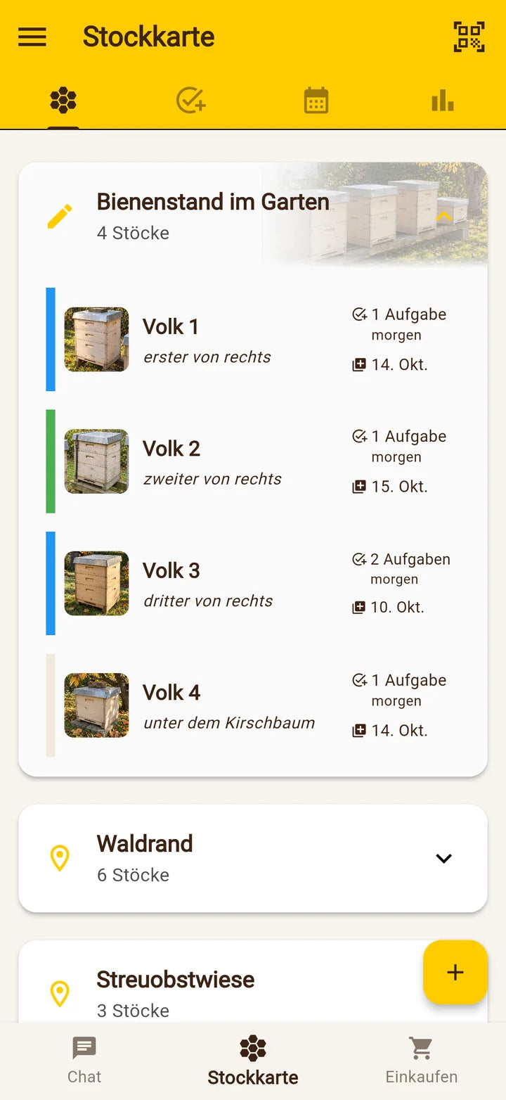 Imker-App: Stockkarte mit Foto des Bienenstands und Vorschaubildern der Völker