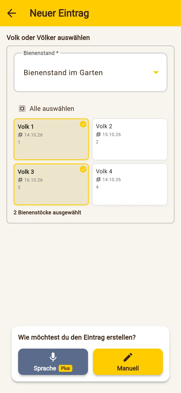Imker-App: Neuer Eintrag für mehrere Völker