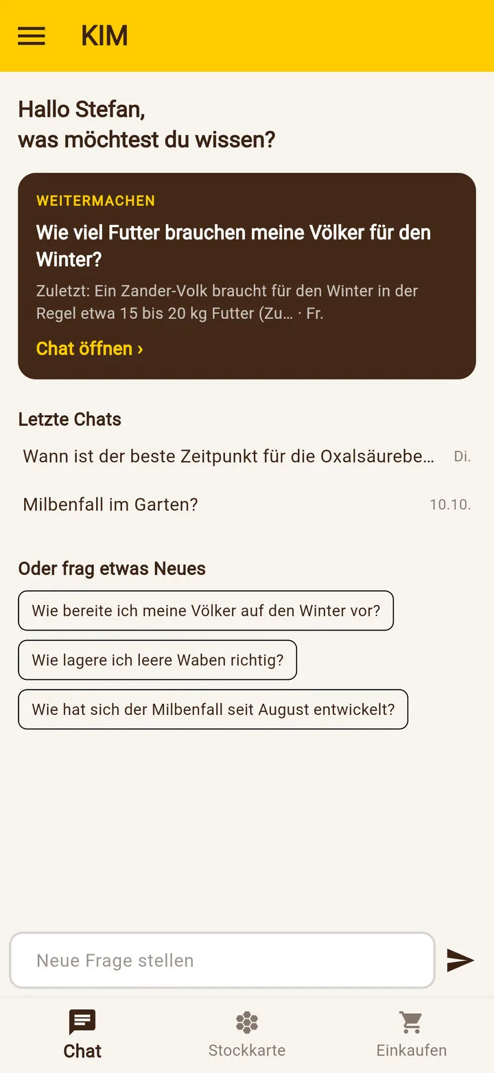 Imker-App: KIM-Startseite mit letzten Chats und Vorschlagsfragen
