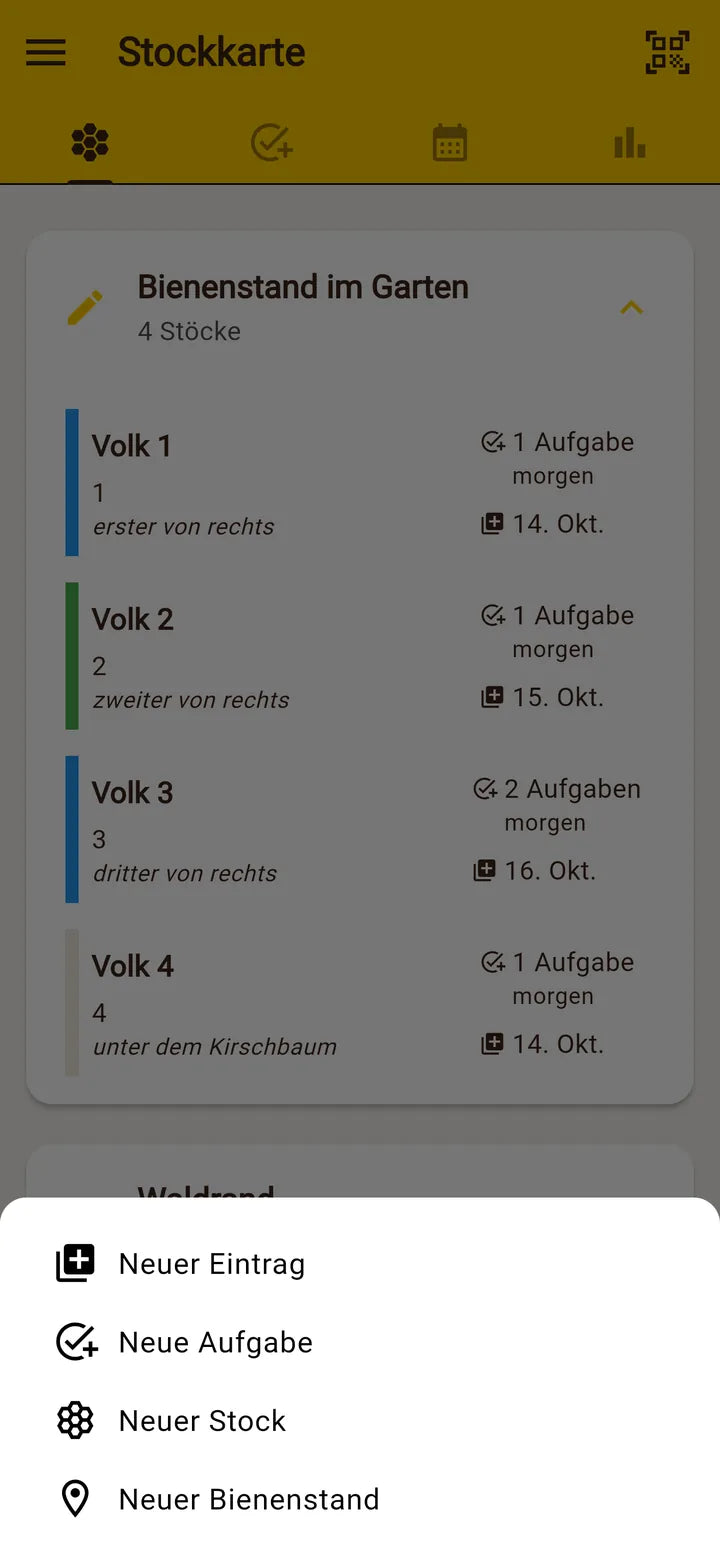 Imker-App: Menü für neue Einträge, Aufgaben, Stöcke und Bienenstände