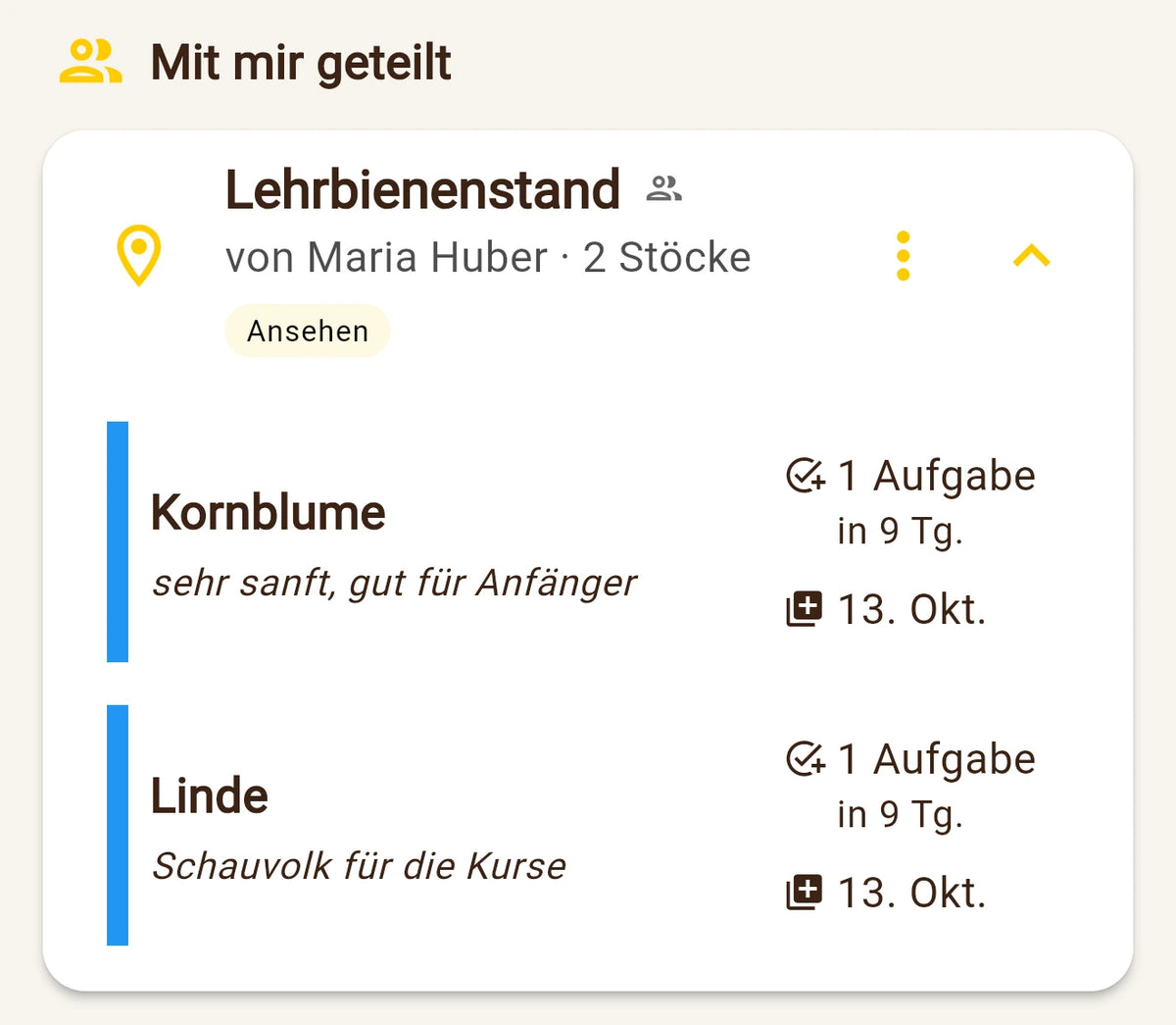 Imker-App: geteilter Lehrbienenstand von Maria Huber mit der Rolle Ansehen